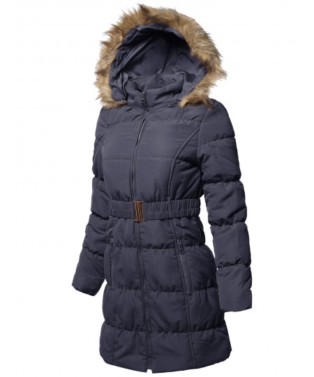 Women's Causal Zip Up Quilted Fur Hood Mid-length Padding Jacket