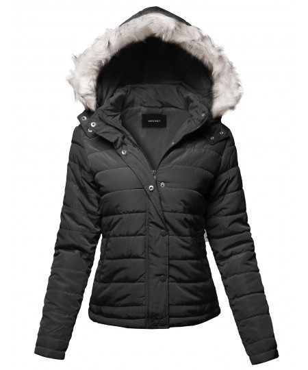 Women's Solid Basic Quilted Fur Trimmed Light Padded Jacket