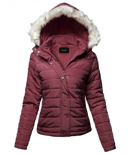 Women's Solid Basic Quilted Fur Trimmed Light Padded Jacket