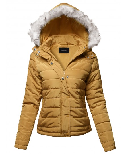 Women's Solid Basic Quilted Fur Trimmed Light Padded Jacket