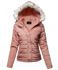 Women's Solid Basic Quilted Fur Trimmed Light Padded Jacket