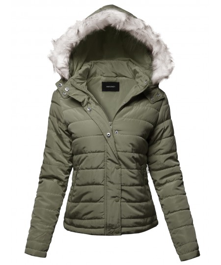 Women's Solid Basic Quilted Fur Trimmed Light Padded Jacket