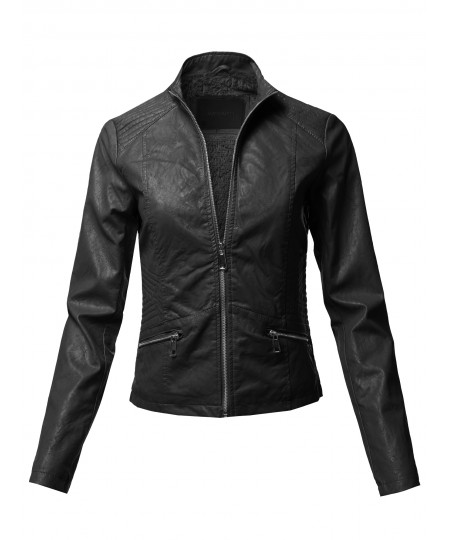 Women's Casual Quilted Detail Fur Lining Faux leather Jacket 