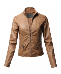Women's Casual Quilted Detail Fur Lining Faux leather Jacket 