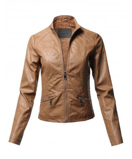 Women's Casual Quilted Detail Fur Lining Faux leather Jacket 