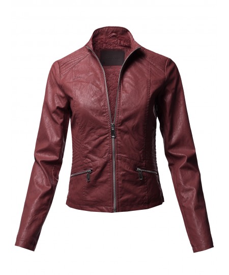 Women's Casual Quilted Detail Fur Lining Faux leather Jacket 