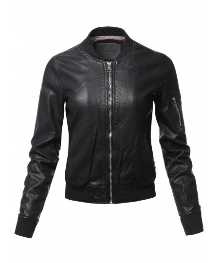 Women's Casual Long Sleeves Faux Leather Bomber Jacket