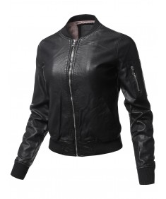 Women's Casual Long Sleeves Faux Leather Bomber Jacket
