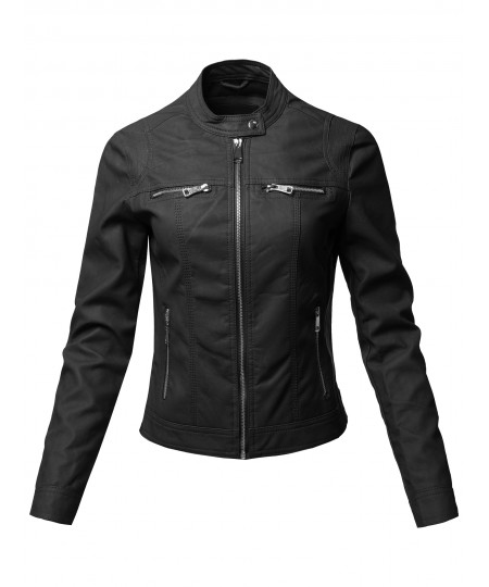 Women's Causal Long Sleeves Faux Leather Biker Stlye Jacket