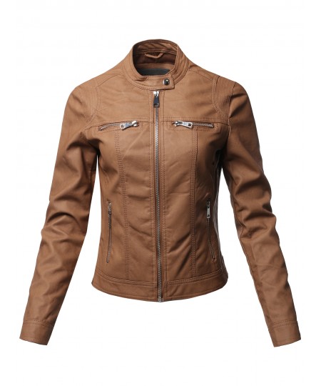 Women's Causal Long Sleeves Faux Leather Biker Stlye Jacket