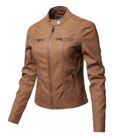 Women's Causal Long Sleeves Faux Leather Biker Stlye Jacket