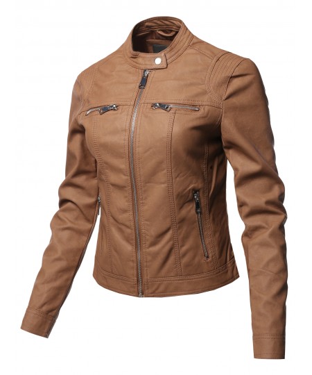 Women's Causal Long Sleeves Faux Leather Biker Stlye Jacket