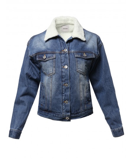 Women's Long Sleeves Retro Style Sherpa Detail Washed Denim Jacket