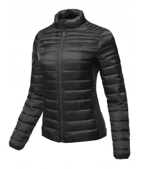 Women's Long Sleeves Zipper Closure Lightweight Quilted Padding Jacket