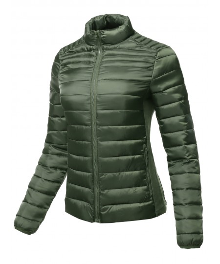 Women's Long Sleeves Zipper Closure Lightweight Quilted Padding Jacket