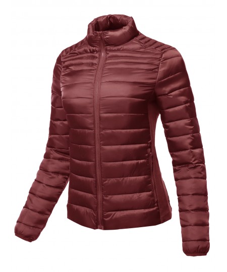 Women's Long Sleeves Zipper Closure Lightweight Quilted Padding Jacket