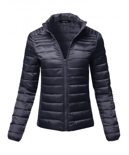 Women's Long Sleeves Zipper Closure Lightweight Quilted Padding Jacket