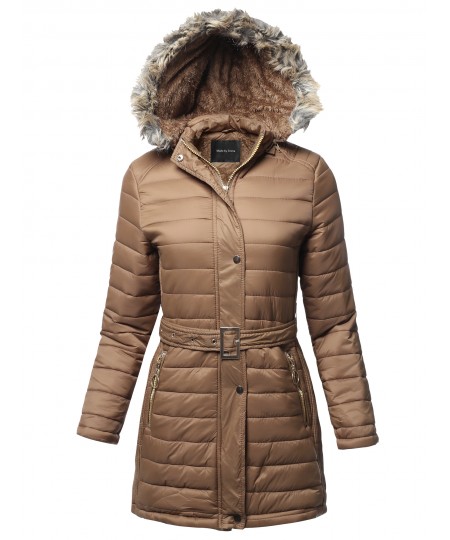 Women's Solid Sherpa Lining Fur Trimmed Hoodie Long Jacket