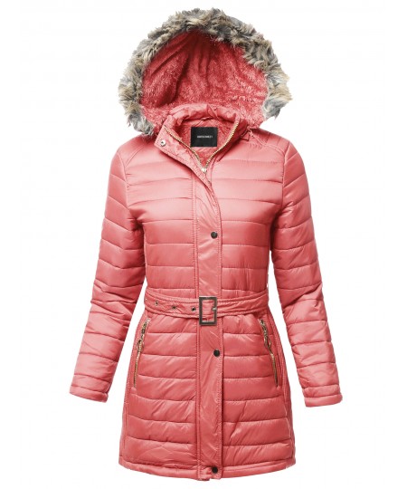 Women's Solid Sherpa Lining Fur Trimmed Hoodie Long Jacket