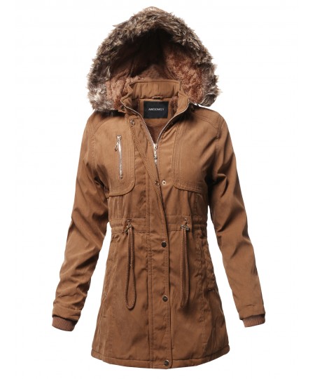 Women's Casual Vintage Style Faux Fur Lining Long Jacket 