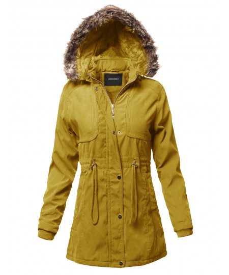Women's Casual Vintage Style Faux Fur Lining Long Jacket 