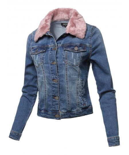 Women's Casual Fur Collar Stretchable Retro Denim Jacket