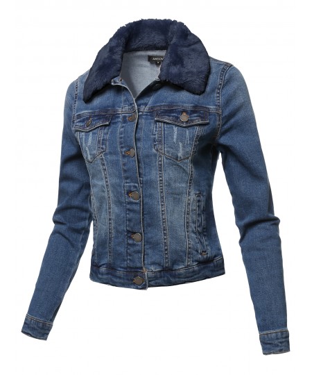 Women's Casual Fur Collar Stretchable Retro Denim Jacket