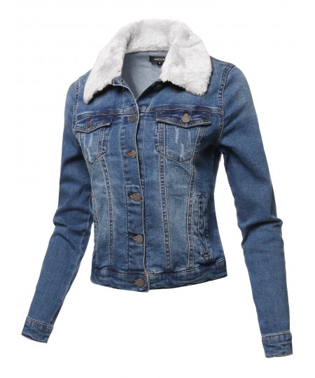 Women's Casual Fur Collar Stretchable Retro Denim Jacket