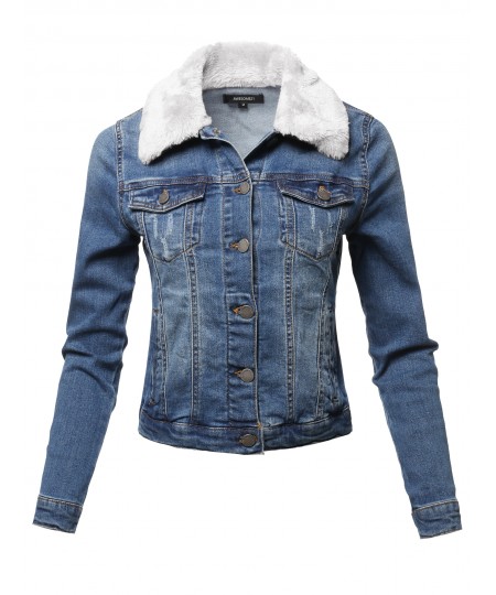 Women's Casual Fur Collar Stretchable Retro Denim Jacket