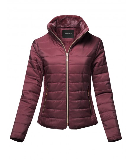 Women's Solid Warm Faux Fur Lining Quilted Puffer Winter Jacket