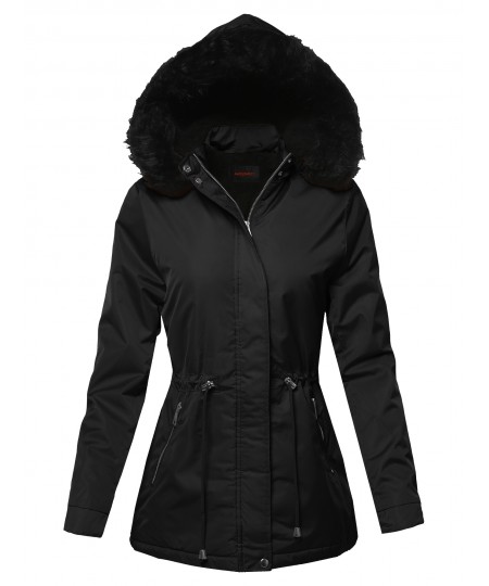 Women's Solid Hooded Warm Winter Thicken Fleece Lined Parkas Long Jacket