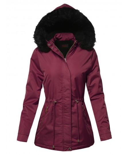 Women's Solid Hooded Warm Winter Thicken Fleece Lined Parkas Long Jacket