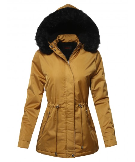 Women's Solid Hooded Warm Winter Thicken Fleece Lined Parkas Long Jacket