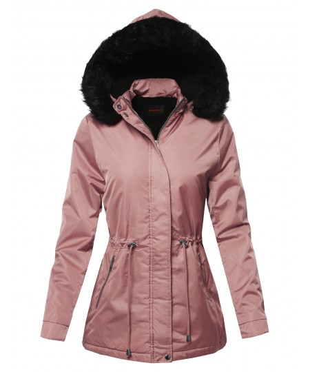 Women's Solid Hooded Warm Winter Thicken Fleece Lined Parkas Long Jacket