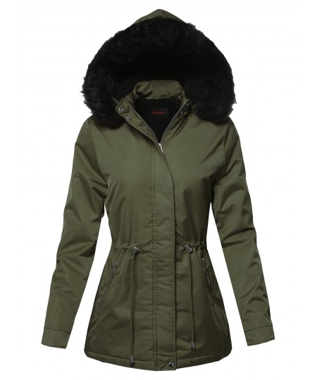 Women's Solid Hooded Warm Winter Thicken Fleece Lined Parkas Long Jacket