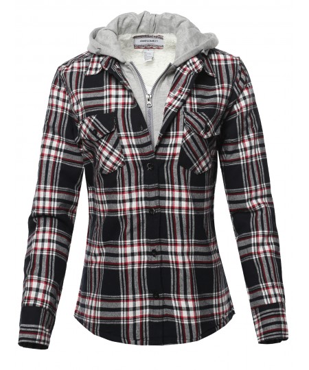 Women's Casual Fleece Hooded And Sherpa Lined Plaid Shirt Jacket