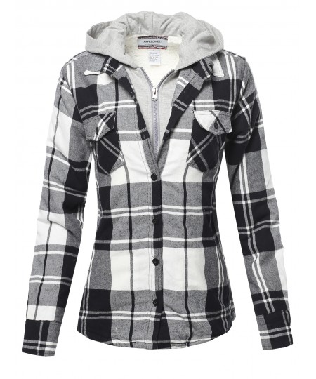 Women's Casual Fleece Hooded And Sherpa Lined Plaid Shirt Jacket