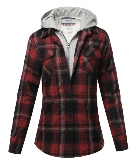 Women's Casual Fleece Hooded And Sherpa Lined Plaid Shirt Jacket
