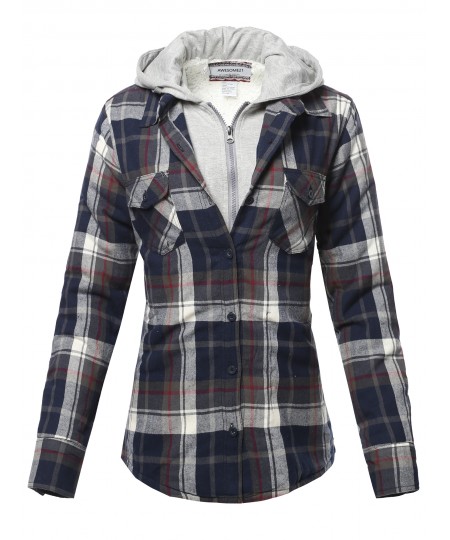 Women's Casual Fleece Hooded And Sherpa Lined Plaid Shirt Jacket