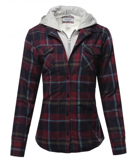 Women's Casual Fleece Hooded And Sherpa Lined Plaid Shirt Jacket