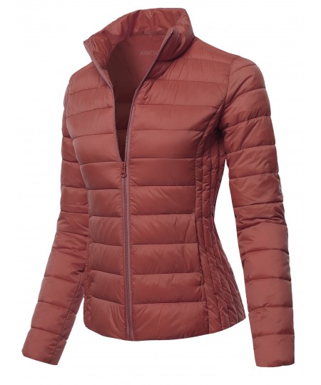 Women's Solid Stand Collar Puffer Jacket