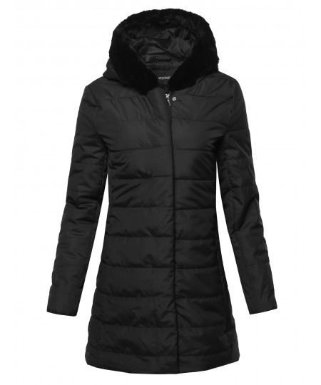 Women's Solid Long Line Puffer Coat Featuring Faux Fur Lined Hood