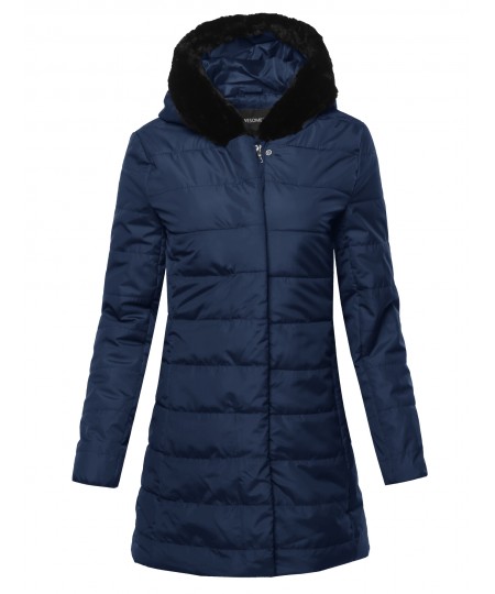 Women's Solid Long Line Puffer Coat Featuring Faux Fur Lined Hood