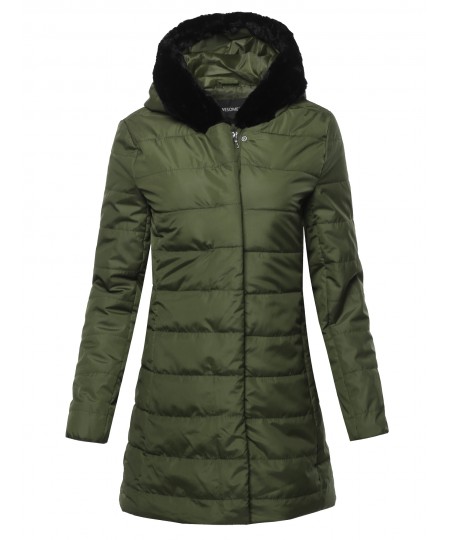 Women's Solid Long Line Puffer Coat Featuring Faux Fur Lined Hood
