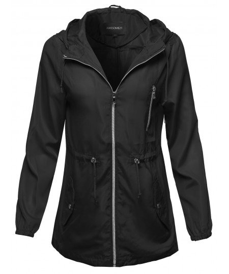 Women's Solid Lightweight Anorak Hooded Windbreaker Jacket