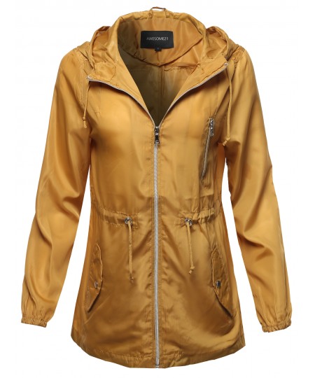 Women's Solid Lightweight Anorak Hooded Windbreaker Jacket