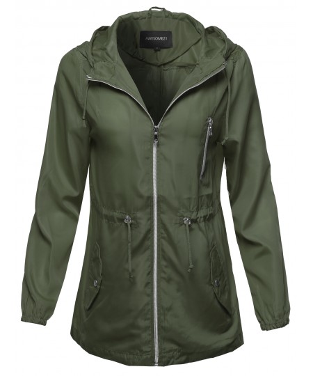 Women's Solid Lightweight Anorak Hooded Windbreaker Jacket