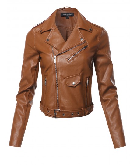 Women's Faux Leather Zip Up Front Biker Jacket