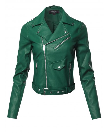 Women's Faux Leather Zip Up Front Biker Jacket