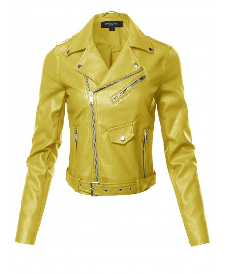 Women's Faux Leather Zip Up Front Biker Jacket